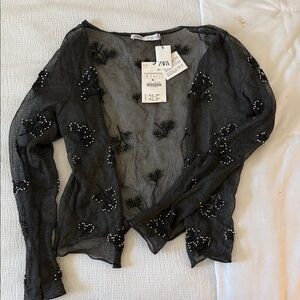 Zara Black Embellished Sheer Blouse